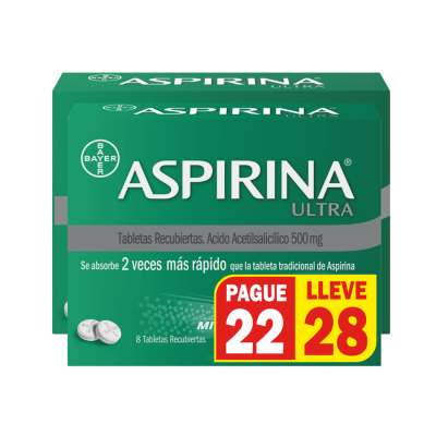 ASPIRINA ULTRA 500 MGS PAGUE 22 LLEVE 28 TABLETAS RECUBIERTAS **
