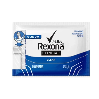 DESODORANTE REXONA CLINICAL MEN CLEAN CREMA X 20 SOBRES DE 8.5 GRS C/U X DETALLADO