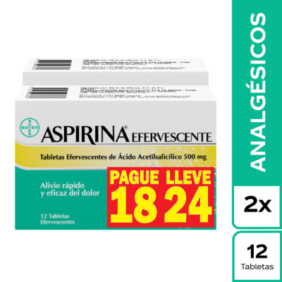 ASPIRINA EFERVESCENTE 500 MGS PAGUE 18 LLEVE 24 TABLETAS